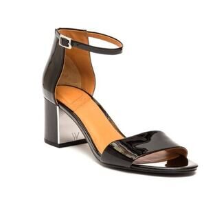 What For Paris Ankle Strap Black Patent Leather Sandals Block Heel Size 41